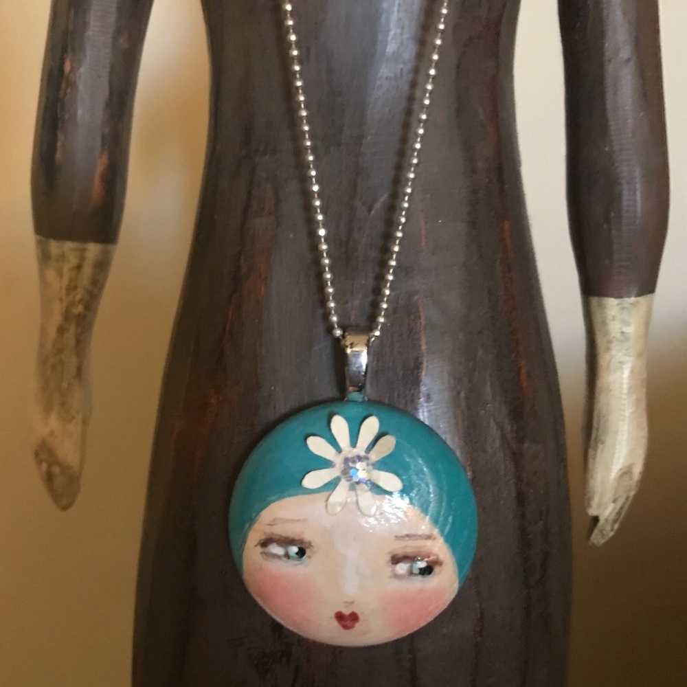 Unique Art Deco style hand painted girl necklace,